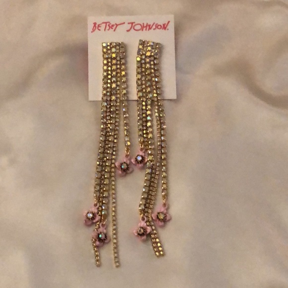 Betsey Johnson Gold Tone Crystal Cup Chain Fringe Drop Earrings Flower Accent - Picture 3 of 11